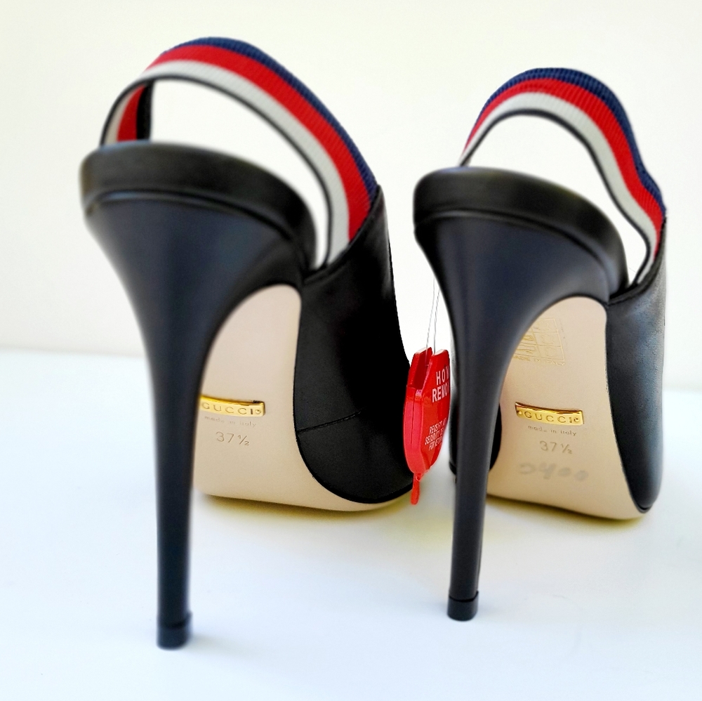NWOT GUCCI Sylvie 75 Black Leather Red Slingback Strap Sandal Mule Heel Pump37.5 - Picture 8 of 16